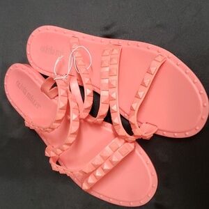 Olivia Miller 4-Strap Studded Rubber Slide Sandals, Bright Carnation Pink